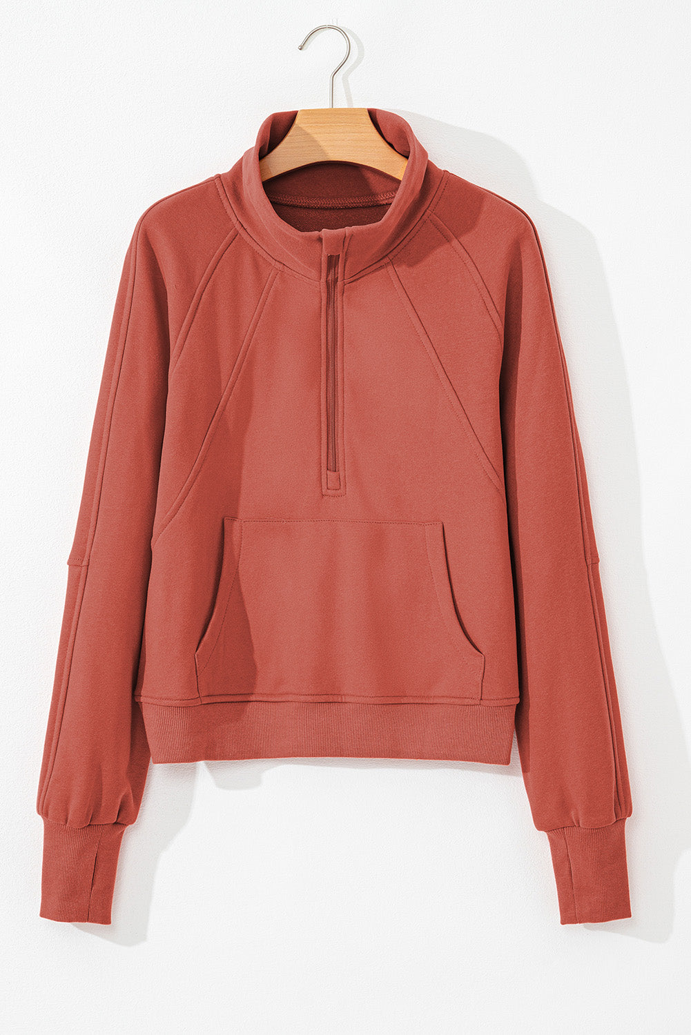 Green Fleece Lined Zip Up Stand Collar Thumbhole Sleeve Sweatshirt