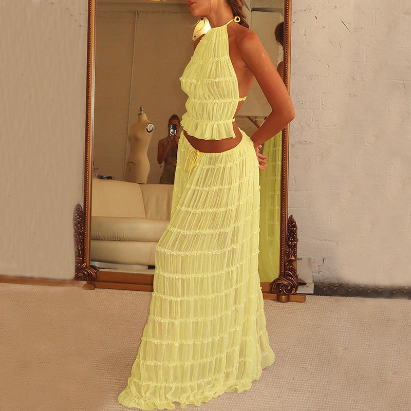 Women's Dress Suit Sexy Sleeveless Backless Cropped Halter Top And Pleated Long Skirt Beach Clothing