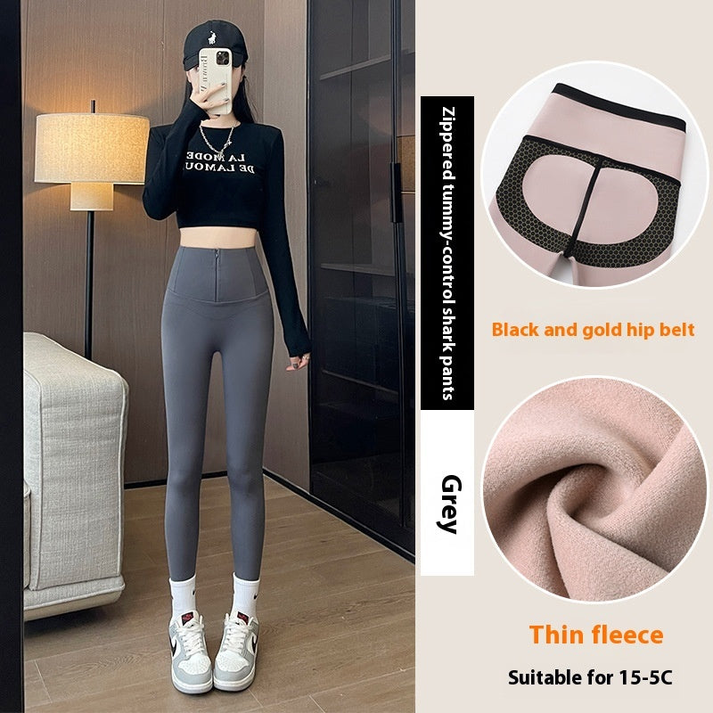 Leggings Belly-controlling Butt Lifting With Three-breasted Design Winter High Waist Slim Zippere Pants Warm Velvet And Thickened Trousers Women Clothing