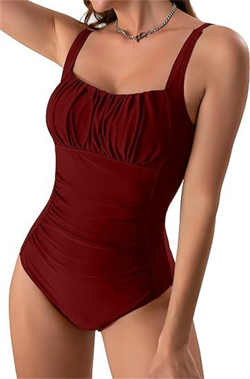 Swimsuit Sexy Square Neck One-piece Bikini Summer New Solid Color Pleated Design Beach Vacation Womens Clothing