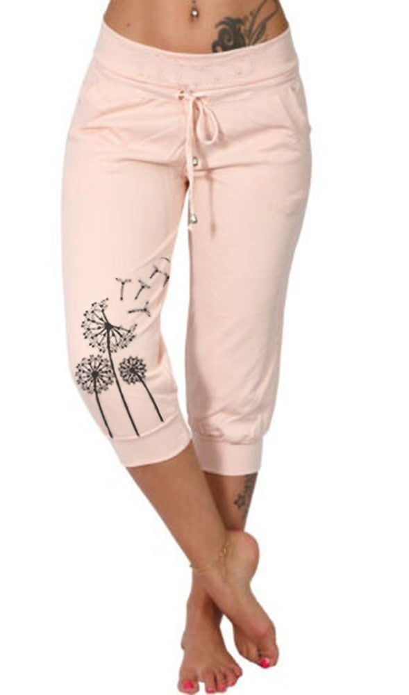 Women's Casual Fashion Printing Loose High Waist Lace-up Cropped Pants