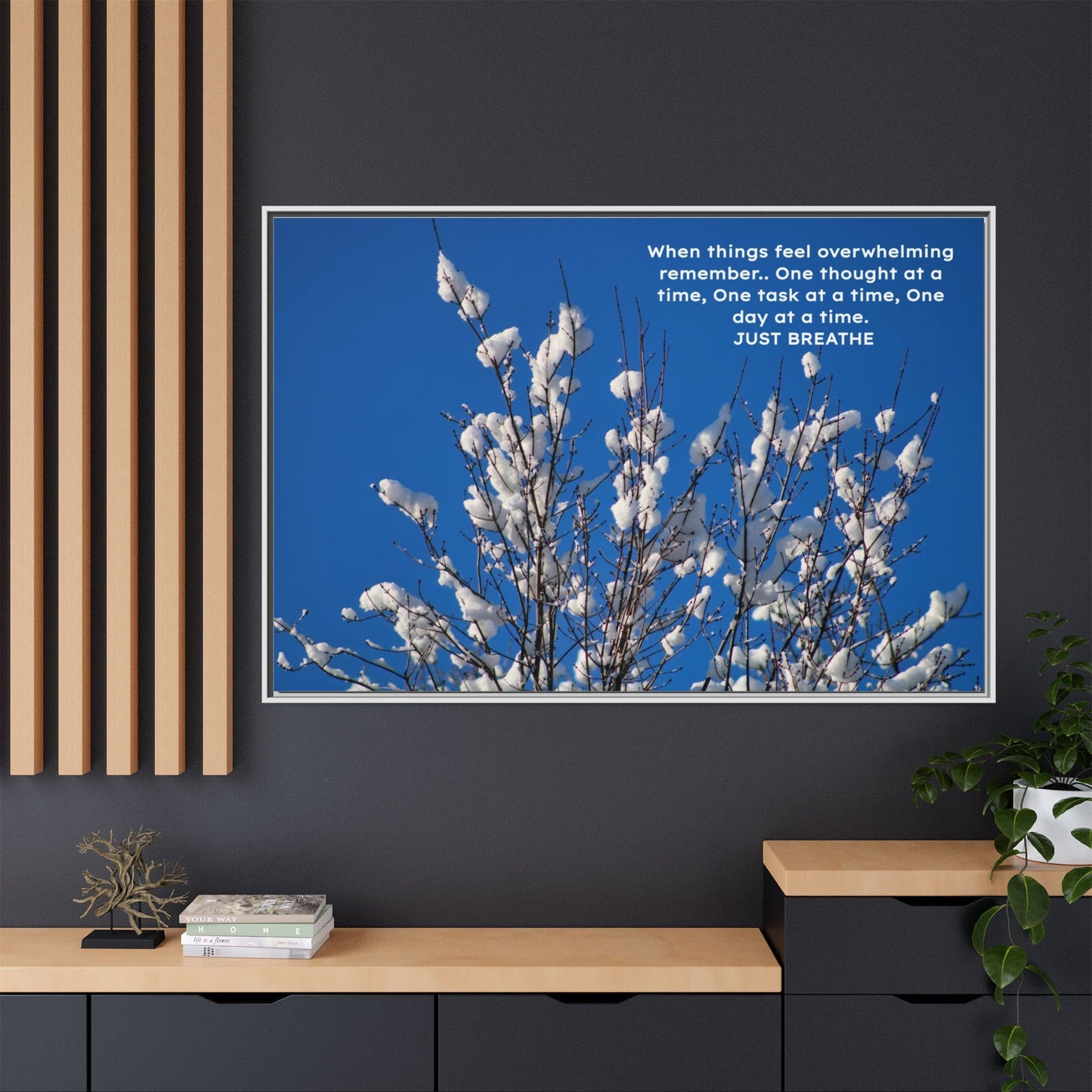 Snowy branches Inspirational Framed Canvas Wall Art - "Just Breathe" Motivational Decor