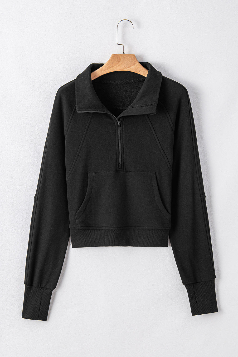 Green Fleece Lined Zip Up Stand Collar Thumbhole Sleeve Sweatshirt