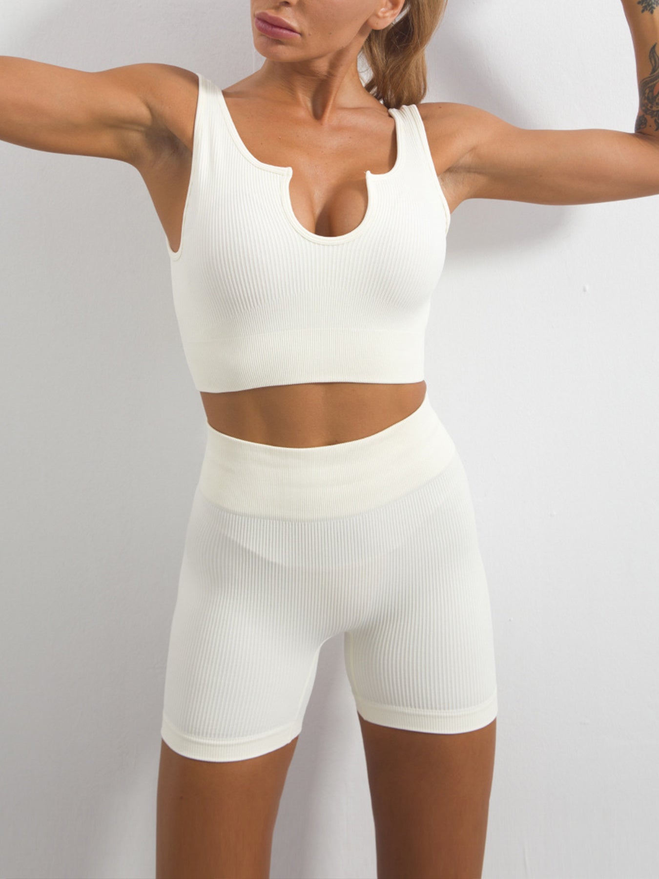 Women's Workout Sets 2 Piece Seamless Ribbed Crop Tank High Waist Shorts Yoga Outfits