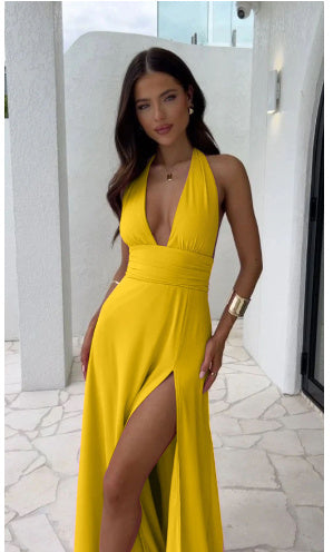 Women's Sexy Halterneck V-neck Slit Dress Summer Backless Strappy Skirt Fashion Temperament Clothing Women