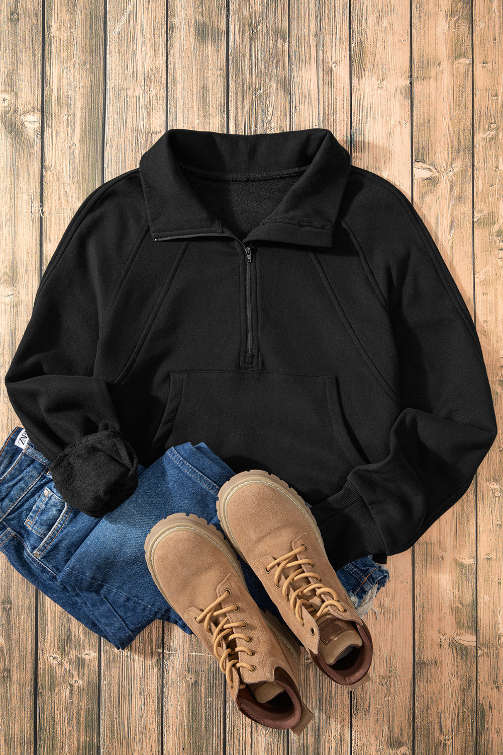 Green Fleece Lined Zip Up Stand Collar Thumbhole Sleeve Sweatshirt