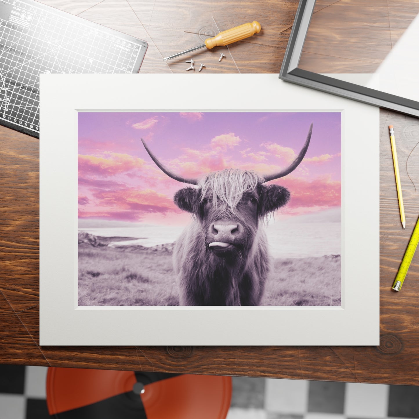 Highland Cow Fine Art Print with Passepartout — Pastel Sunrise Wall Art