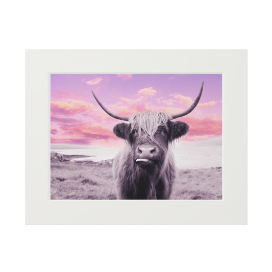 Highland Cow Fine Art Print with Passepartout — Pastel Sunrise Wall Art