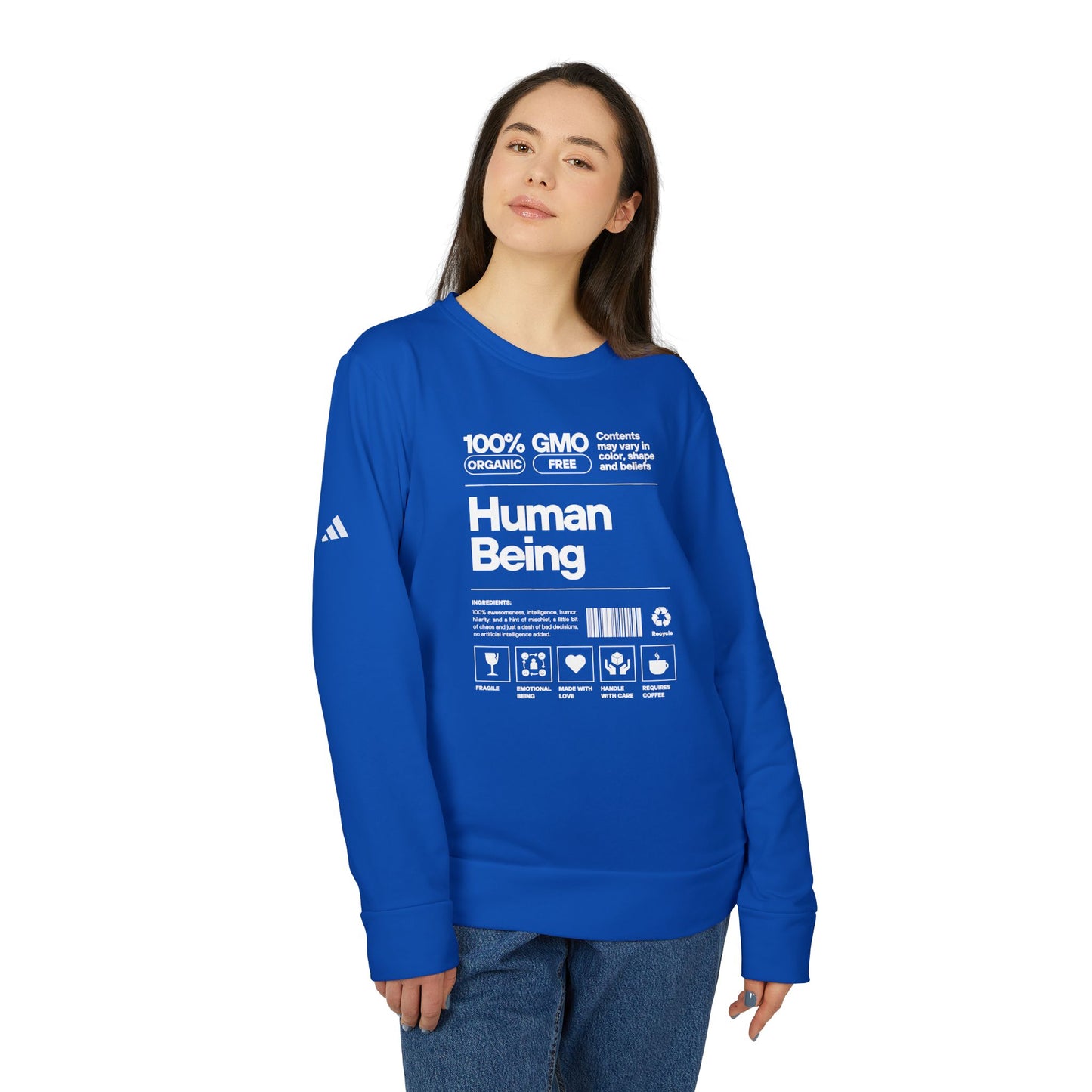 Quality Unisex Fleece Crewneck Sweatshirt Human Being Funny NON GMO