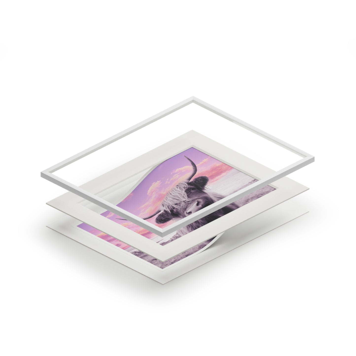 Highland Cow Fine Art Print with Passepartout — Pastel Sunrise Wall Art