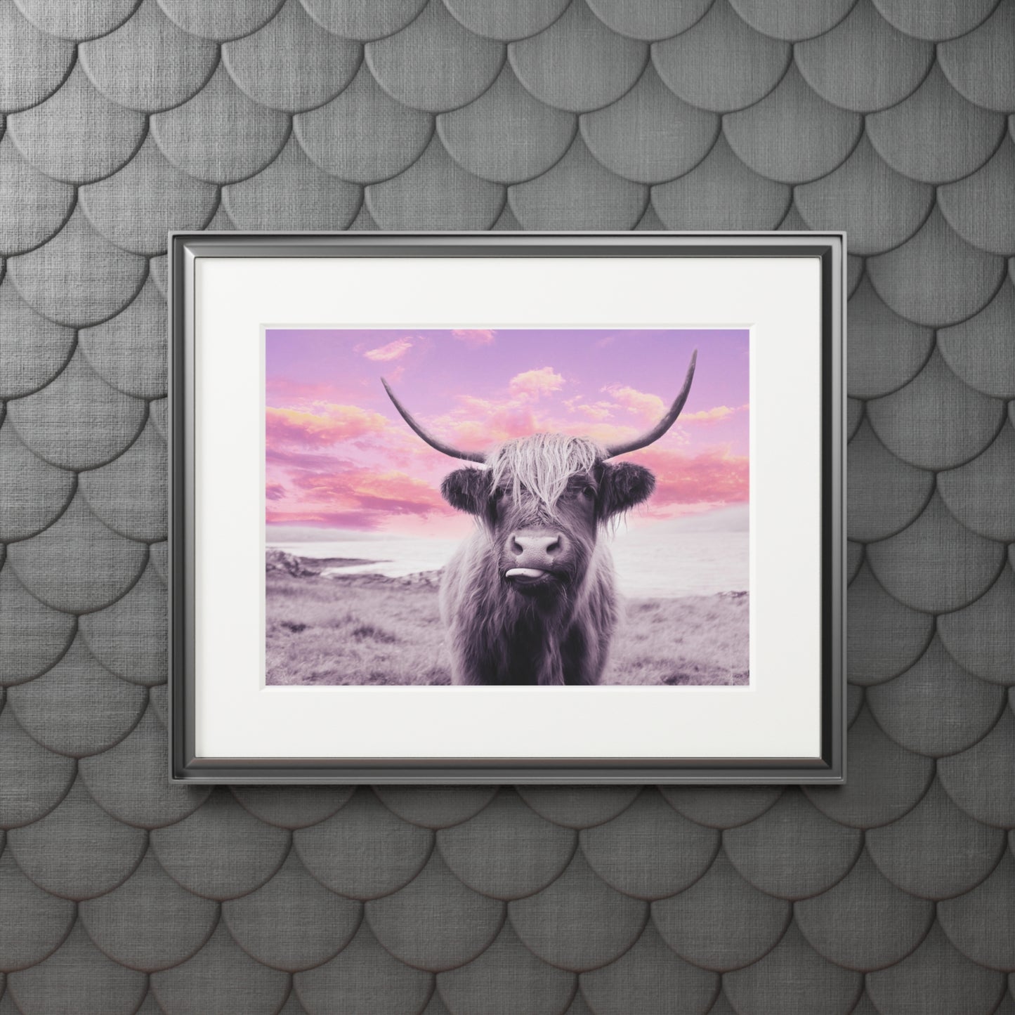 Highland Cow Fine Art Print with Passepartout — Pastel Sunrise Wall Art