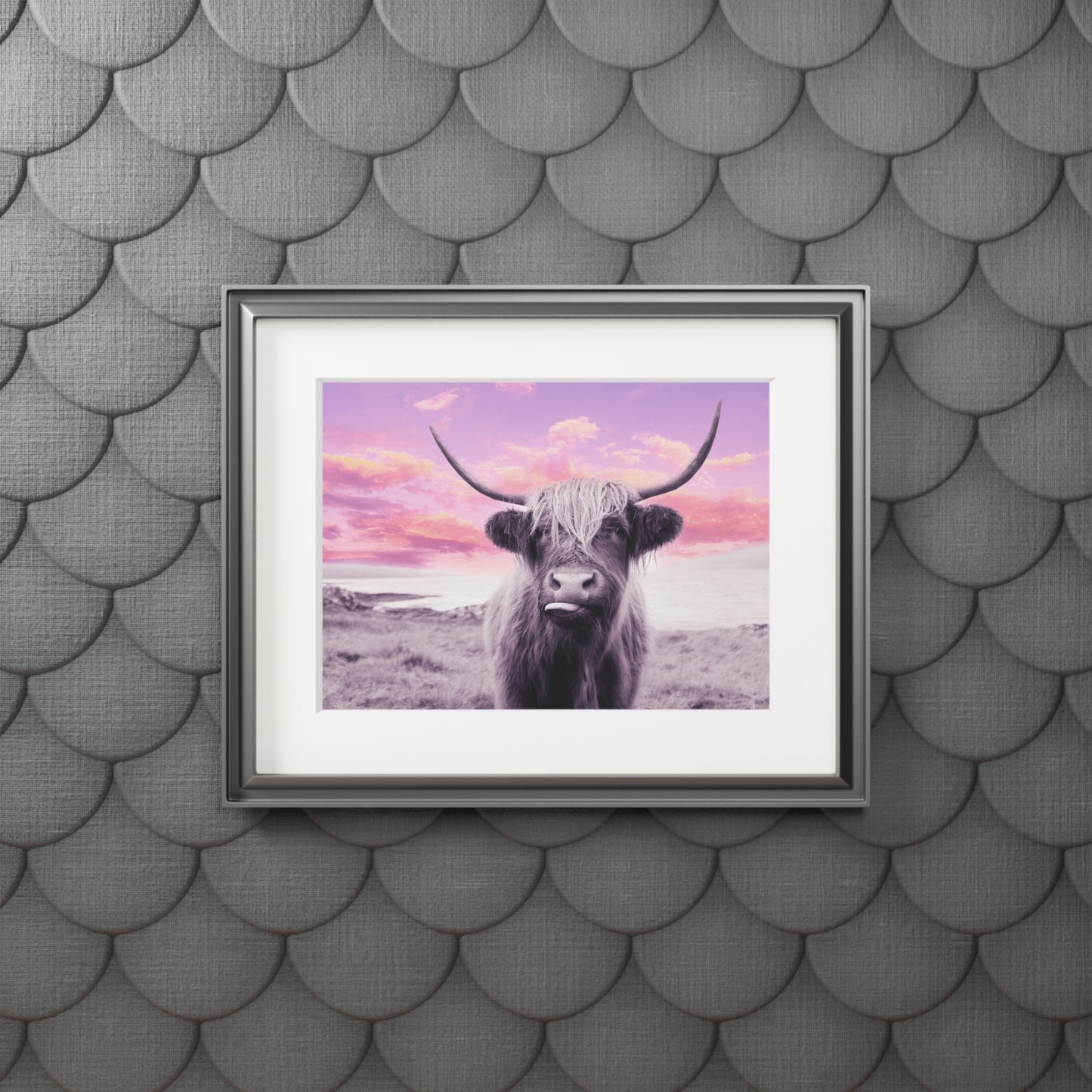 Highland Cow Fine Art Print with Passepartout — Pastel Sunrise Wall Art