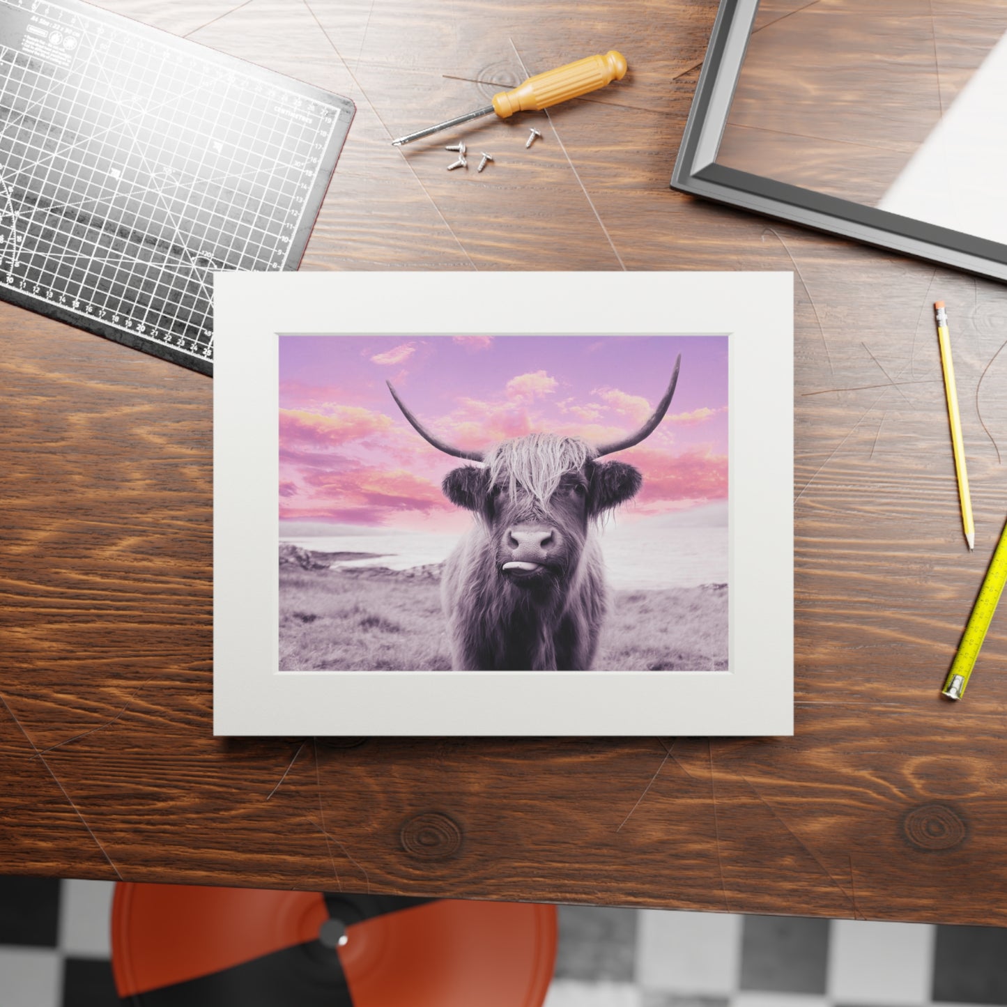 Highland Cow Fine Art Print with Passepartout — Pastel Sunrise Wall Art