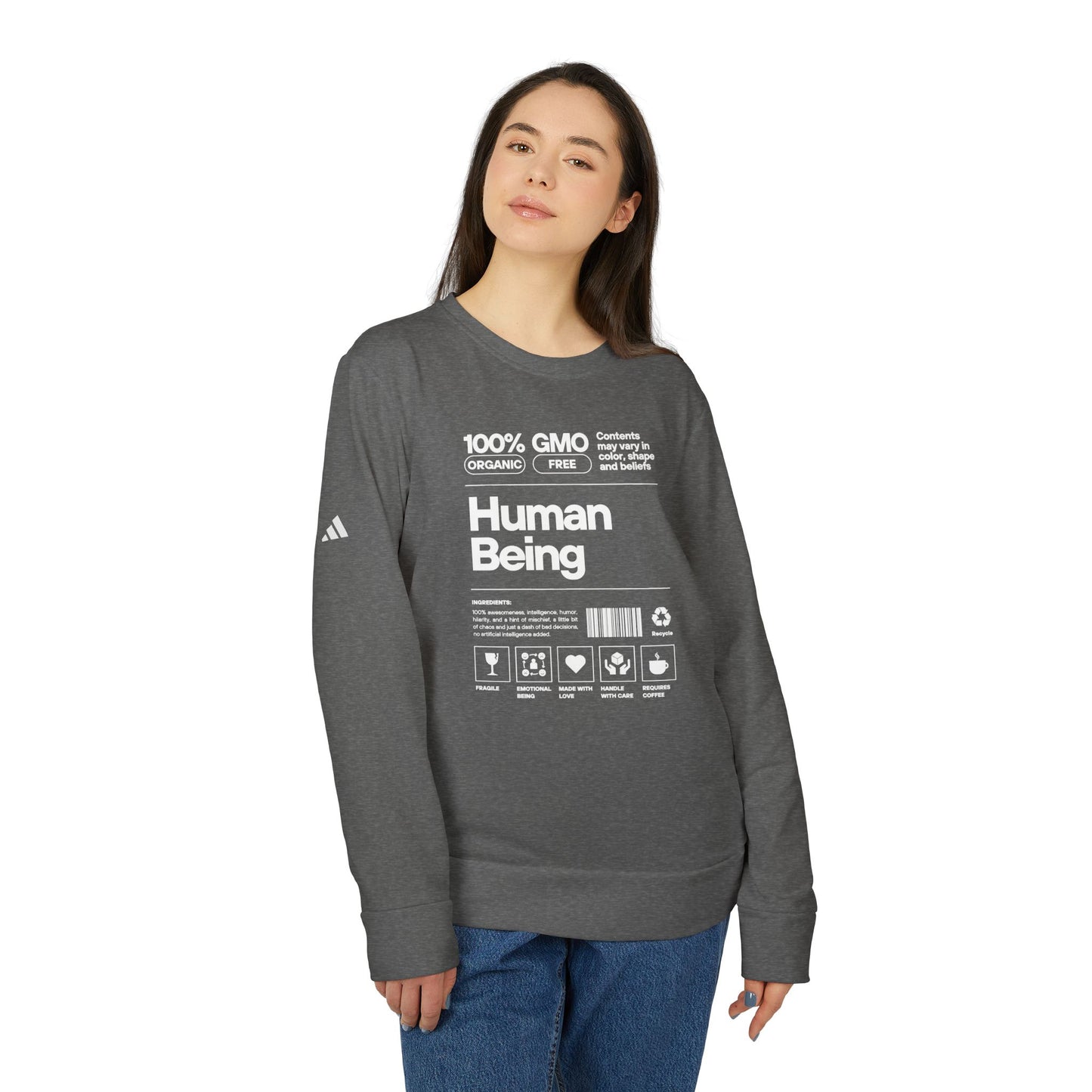 Quality Unisex Fleece Crewneck Sweatshirt Human Being Funny NON GMO